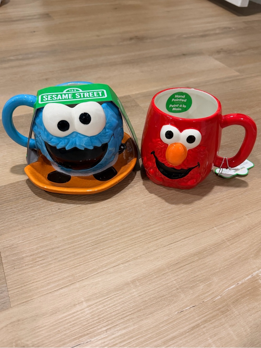 Sesame Street Mug Set - Cookie Monster Blue with cookie saucer plate & Elmo Red